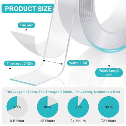P7yaumy Double Sided Tape Heavy Duty 1.2in×20ft, Nano Tape Double Sided, Removable Traceless Two Sided Adhesive Tape, Clear Mounting Tape Double Sided Tape for Walls, Hanging Picture,Poster,Carpet - size: 1.2in×20feet