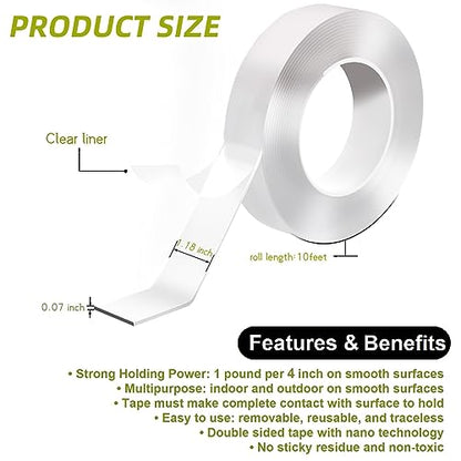 Aylaa Double Sided Tape Heavy Duty, 1.18"x120" Nano Double Sided Adhesive Tape for Walls, Removable Double Stick Tape, Picture Hanging Strips (10 Feet)