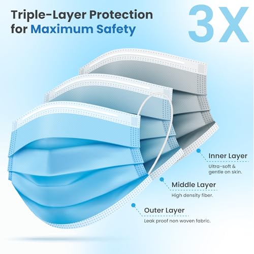 PURE GEM [Pack of 150] Single Use Disposable Blue Face Mask, Soft on Skin, 3-ply Masks Facial Cover with Elastic Earloops Great For Home, Office, School, and Outdoors - color: 150 Masks