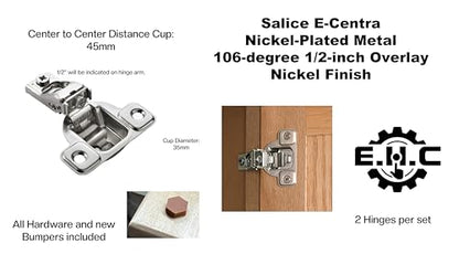 Salice Hinge Cabinet Hinge Repair Kit for Salice E-Centra Nickel-Plated Metal 106-degree 1/2-inch Overlay Nickel Finish, 2 Hinges with Bumpers and Hardware by E.H.C.