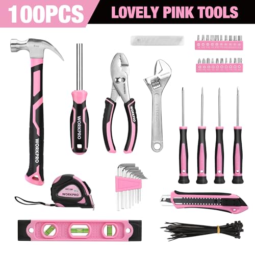 WORKPRO Pink Tool Set - 100 Pieces Pink Tool Kit with Easy Carrying Pouch, Household Tool Kit for Home, Apartment, Office, College, Perfect for DIY Projects, Home Maintenance - Pink Ribbon