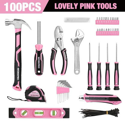 WORKPRO Pink Tool Set - 100 Pieces Pink Tool Kit with Easy Carrying Pouch, Household Tool Kit for Home, Apartment, Office, College, Perfect for DIY Projects, Home Maintenance - Pink Ribbon