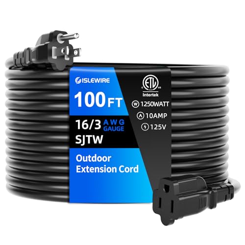 100 FT Outdoor Extension Cord Waterproof, Black, 3-Prong Power Cord, 16 AWG SJTW, 10A 1250W, Grounded, General Purpose Long Extension Cord for Lawn & Garden, ETL Listed - size: 100FT