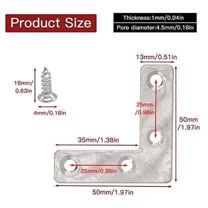 20pcs 2 x 2 Inch Silver L Flat Shape Braces Corner Bracket, 50x50 mm Decorative Corner Brackets Mending Plate, Stainless Steel 90 Dgree Angle Bracket for Wood Furniture Fixing - size: Silver 50x50 mm