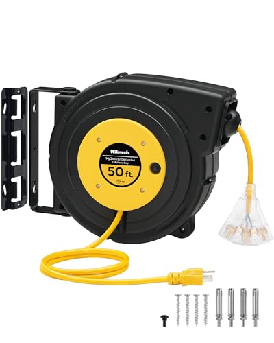 Retractable Extension Cord Reel, 50 FT Heavy Duty Power Cord, 14AWG/3C SJTOW, 3 Grounded Outlets Lighted Triple Tap, 13 Amp Circuit Breaker, UL Listed, Yellow Y50CR06 - color: Yellow