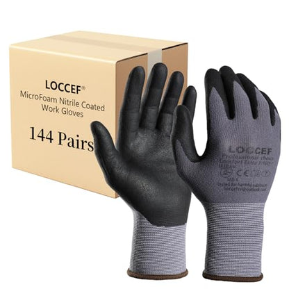 LOCCEF Safety Work Gloves MicroFoam Nitrile Coated-12 Pairs,Seamless Knit Nylon Gloves,Home Improvement,Micro-Foam Gloves - color: 144p-grey