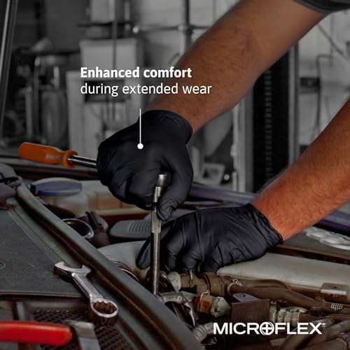 Ansell MICROFLEX Midknight Touch 93-732 Disposable Nitrile Exam Gloves for Auto, Tattoo, Dentistry, Catering, 4.3 mil - Large, Black (Box of 100) - size: Large, style: Thin