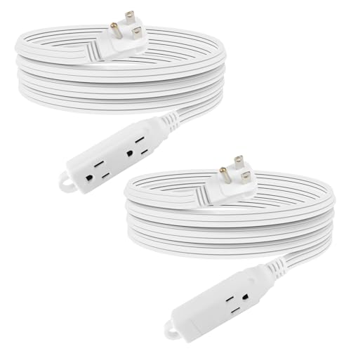 EP 9 Ft 3 Outlet Extension Cord with Flat Plug, 3 Prong Grounded, 16/3 SPT-3 Power Cable for Indoor Use, White, 2 Pack - color: White, size: 9 Ft