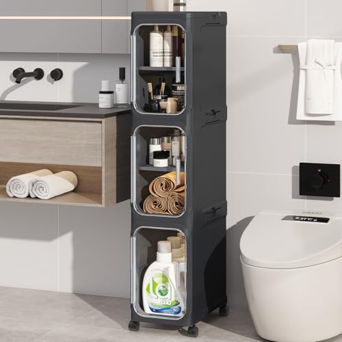 KHNR 3-Tiers Slim Bathroom Storage Cabinet, Foldable Storage Cabinets,Narrow Bathroom Storage,Movable Bathroom Storage Organizer for Small Spaces,Bathroom,Kitchen,Laundry,Black - color: Black, size: 3-Tiers