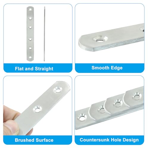 4 Pack 6 Inch Stainless Steel Flat Plate Straight Bracket Flat Metal Brace Bracket, 160mm Metal Brackets Mending Repair Plate Brace with Screws for Wood Straight Brace - size: 6"-160mm-Silver