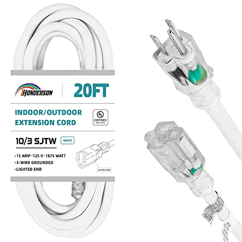 Indoor Outdoor Extension Cord Weatherproof with Lighted End, UL Certified, 10 Gauge 20FT White 3 Prong Heavy Duty, 10/3 SJTW 15A Power Cord for Outdoor Lights, Lawn - size: 20FT, style: 10/3