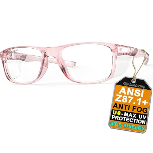 HTS HUNTERSKY TR90NZZ Safety Glasses with Side Shield Small Size Women Men ANSI Z87 Anti Fog Scratch Resistant Lab Pickleball - color: Pink/Clear