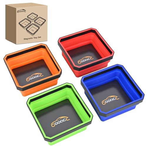 GOOACC 4 Pcs Square Collapsible Magnetic Parts Tray Set Multiple Colors Silicone Foldable Tool Trays Organizer for Screws Bolts Nuts Pins Washers and Other Small Metal Parts Double Sided Magnet Base - color: Red/Orange/Blue/Green