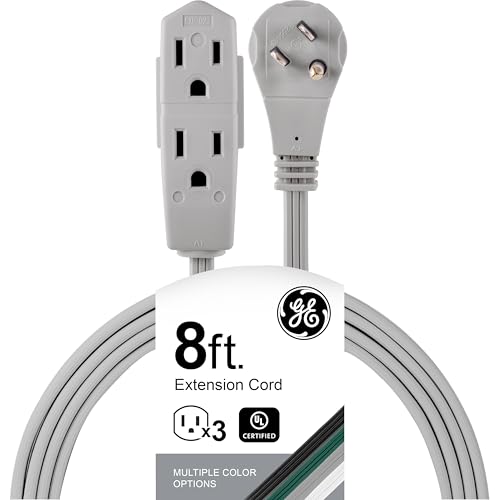 GE 3-Outlet Flat Extension Cord 8 Ft Grounded Extension Cord with Multiple Outlets 3 Prong Outlet Extender Flat Plug Indoor Power Strip 16 Gauge UL Listed Gray 43027 - color: Gray, size: 8 Ft