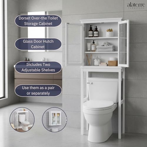 Alaterre Furniture Dorset Over-The-Toilet Storage Cabinet with Tempered Glass Doors – White Wood Bathroom Space Saver Organizer with Adjustable Shelves, Hutch & Wall Mount Hardware - size: Toilet Shelf + Glass Door Cabinet