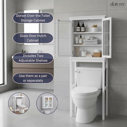 Alaterre Furniture Dorset Over-The-Toilet Storage Cabinet with Tempered Glass Doors – White Wood Bathroom Space Saver Organizer with Adjustable Shelves, Hutch & Wall Mount Hardware - size: Toilet Shelf + Glass Door Cabinet