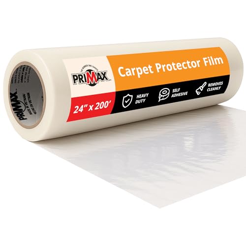 PRIMAX Carpet Protector Film 24" x 200' – Self-Adhesive Carpet Protection Film – Clear Plastic Floor Cover – Sticky, Tear-Resistant, Easy Removal – for Moving, Painting, Construction - size: 24" x 200'
