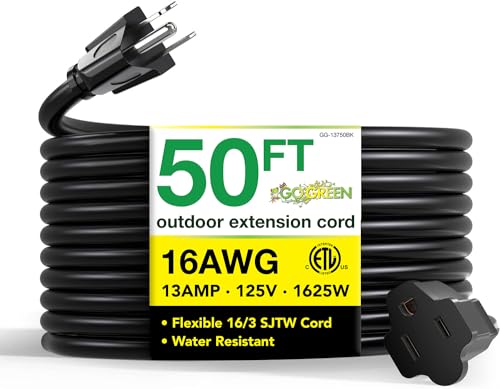 Power By GoGreen Go Green Power Inc. 16/3 50ft Black Outdoor Extension Cord - Durable, Heavy Duty, Moisture Resistant - Ideal for Tools & Equipment - GG-13750BK - color: Black, size: 50 ft, style: 16/3
