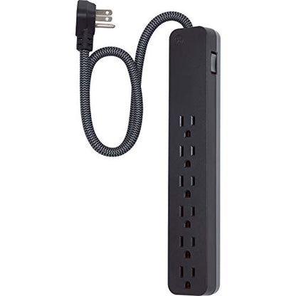 GE UltraPro 6 Outlet Surge Protector, 2 Ft Designer Braided Extension Cord, Flat Plug, Long Power Cord, Wall Mount, Black, 44070