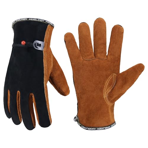HANDLANDY Leather Work Gloves for Men and Women, Utility Tough Cowhide Glove - color: Camel-black, size: Men's L/Women's XL
