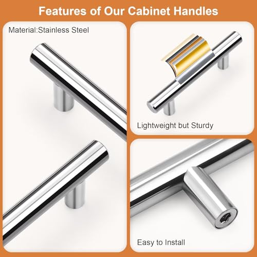 Probrico 5 Pack Hole Centers (64mm) 2-1/2inch Polished Chrome Kitchen Cabinet Handles Stainless Steel Polished Chrome Cabinet Pulls Euro Style Pull Handle for Cabinets and Drawers Total Length 4inch - color: Polished Chrome, size: Hole Centers: 2-1/2"