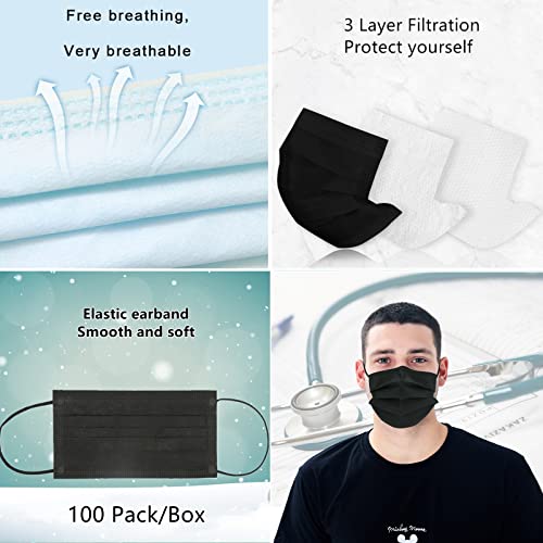 Individually Wrapped Masks 100 Pack Disposable,Face Mask Protection for Adults 3-Layer Filter Safety Face Masks(100, Black)