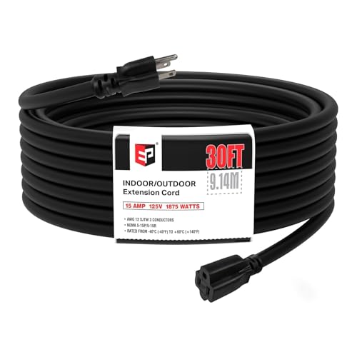 EP 12/3 30 FT Indoor Outdoor Black Extension Cord Waterproof, 12 Gauge 3 Prong Power Cord Flexible Resistant Appliance Extension Cable Electric Cable Outside, 15A 1875W 12AWG SJTW, ETL Listed - color: Black, size: 30ft