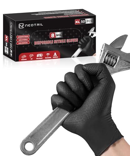 NEOTRIL 8 Mil Heavy Duty Disposable Nitrile Gloves with Diamond Texture Grip Rubber Gloves Latex & Powder Free - color: Box of 50 / Black, size: Large