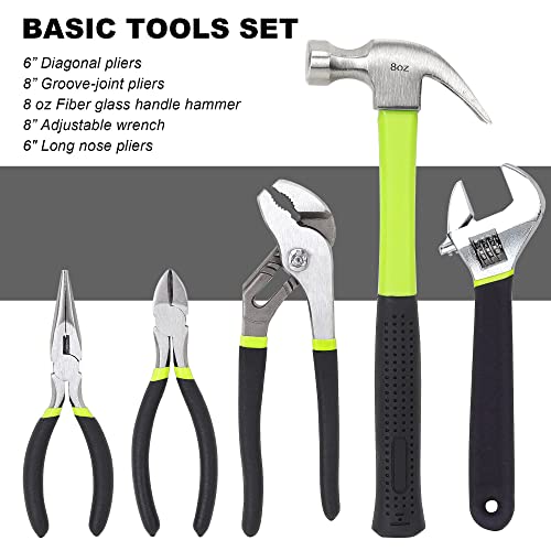 FASTPRO 215-Piece Home Repairing Tool Set with 12-Inch Wide Mouth Open Storage Bag, Household Hand Tool Kit, Green - color: Green