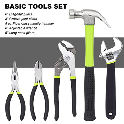 FASTPRO 215-Piece Home Repairing Tool Set with 12-Inch Wide Mouth Open Storage Bag, Household Hand Tool Kit, Green - color: Green