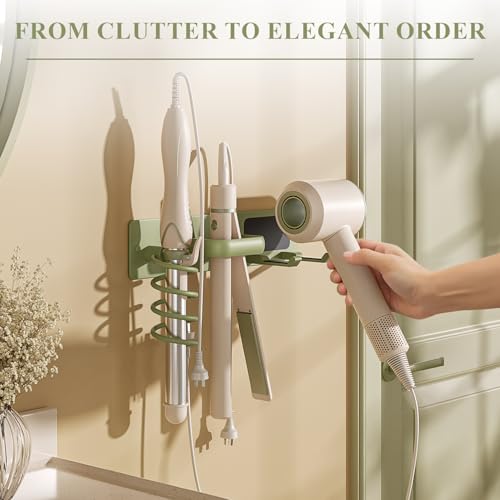 BSICPRO Hair Dryer Holder-3 in 1 Blow Dryer Holder-Metal Bathroom Hair Tool Organizer Wall Mounted-Bathroom Organizer for Hairdryer Curling Iron Flat Iron (Sage) - color: Sage Green
