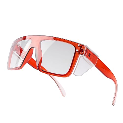 ANSI Z87 Safety Glasses, Photochromic UV400 Blue Light Blocking, Impact Resistant Work Glasses for Construction - color: Clear Red