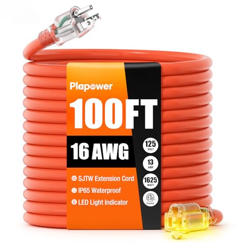 100 FT Outdoor Extension Cord Waterproof, 16/3 Gauge Heavy Duty 3 Prong Power Cord with Lighted Indicator End, 13A 125V 1625W SJTW, ETL Listed, Great for Lawn/Garden/Home(Orange) - color: Orange, size: 100 FT
