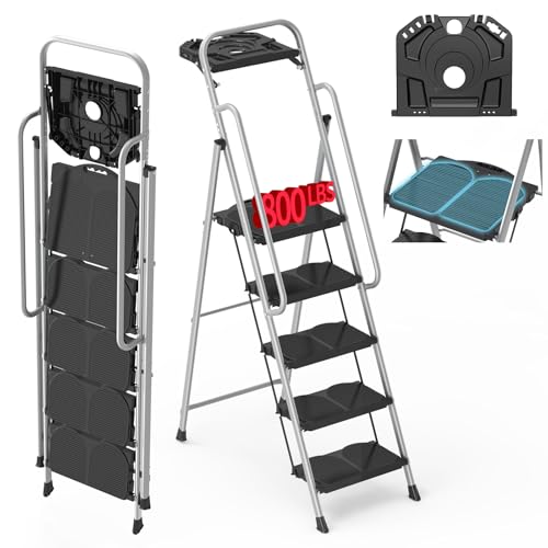 5 Step Foldable Step Ladder Stool with Roomy Tool Tray and Secure Handrail, Foldable Platform Ladder 5 Step Folding Stepstools with Wide Pedals and 800lbs Weight Capacity for Adults, Home, Kitchen - color: Black Gray, size: 5 Step