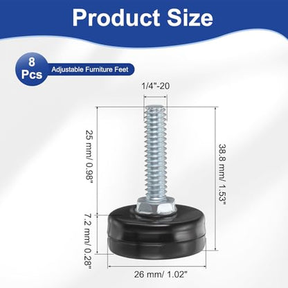 uxcell 1/4"-20 Thread Furniture Feet Levelers, 8Pcs 25mm l Adjustable Furniture Feet Screw in Threaded Leveling Leg Screw on Chair Foot Glides Leveling for Table Chair Black - color: Black, size: 1/4"-20 25mm