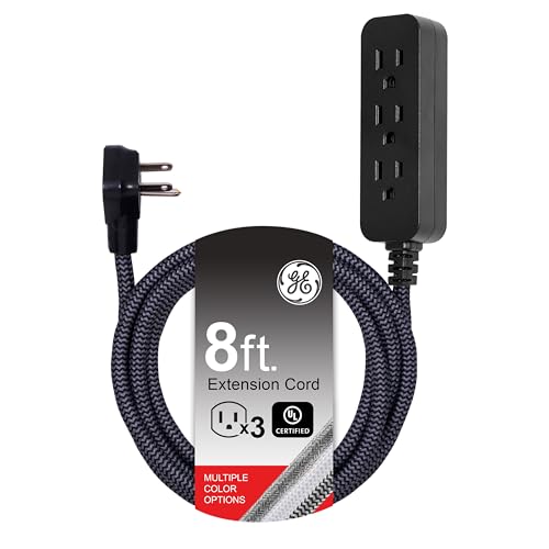 GE 3-Outlet Power Strip Extension Cord with Multiple Outlets 8 Ft Braided Short Cord Extension Cord Grounded Flat Plug ETL Listed White 41282 - color: Black, size: 8 ft | 1 Pack