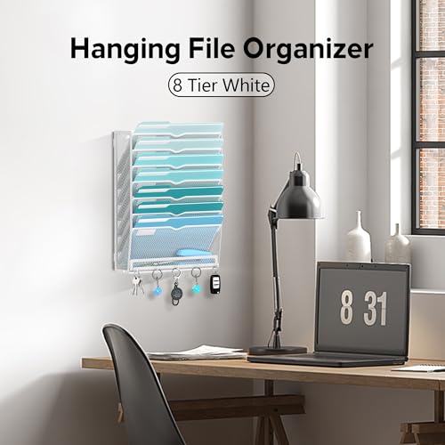8-Tier Hanging Wall File Organizer with 5 Hooks, Mesh Wall File Holder Vertical Mount Mail Organizer for Papers, Folders, Magazines, Bills, Office and School, White - size: 8 Tier-White