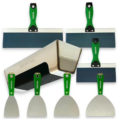 Medusa's Carbon and Blue Steel Drywall Taping Knife set with S.S. 12" Mud Pan And Grip: Classic Style Light Handles with Strong Flexible Blades, Note to Beginners All blades will Rust, watch video