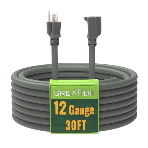 30 Ft Outdoor Extension Cord - 12/3 SJTW Heavy Duty Grey Extension Cable with 3 Prong Grounded Plug - Power Cord for Lawn, Garden, Appliances - color: Grey, size: 30 ft