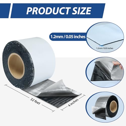 BXI Fluorocarbon Film Asphalt Waterproof Tape, 4 Inches X 32 Feet, Weatherproof Sealing Membrane, Self-Adhesive SBS Modified Bitumen Flashing Sealant Patch, Seam Leak for Roof Window Driveway Repair - size: 4" x 32'