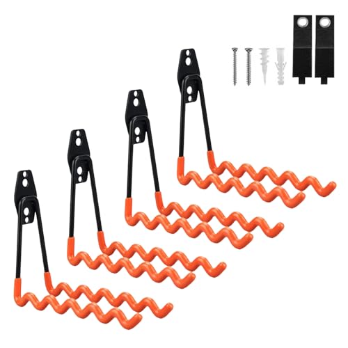 Garage Hooks Heavy Duty, 4 Pack Wave Steel Garage Storage Hooks with Anti-Slip Coating, Multi-Purpose Ladder Hooks for Hanging Garden Tools, Hoses, Bikes and Folding Chairs (Orange) - color: Orange, size: 4pack-Wave Hooks
