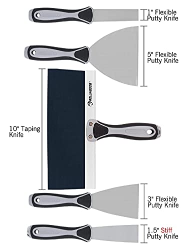 ROLLINGDOG 5 PC Putty Knife Set- Include 1", 3" and 5" Spackle Knife, 1.5" Chisel Scraper, 10" Taping Knife for Drywall Repair