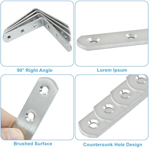 4 Pcs Stainless Steel Corner Brace L Bracket, 3*3*0.8 inch / 80*80*20mm Iron Right Angle Brackets, Metal Joint Right Angle Bracket for Tables, Furniture, Shelves with Screws - size: 3"- 80mm-Silver