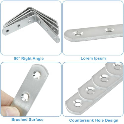 4 Pcs Stainless Steel Corner Brace L Bracket, 3*3*0.8 inch / 80*80*20mm Iron Right Angle Brackets, Metal Joint Right Angle Bracket for Tables, Furniture, Shelves with Screws - size: 3"- 80mm-Silver