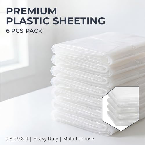 RAINFLOW Plastic Sheeting Heavy Duty - 6 PCS Disposable Clear Tarp Waterproof 0.4 Mil 9.8 X 9.8 Ft Dust Cover for Furniture, Couch and Floor Protection During Painting Lightweight Anti-Dust Cover