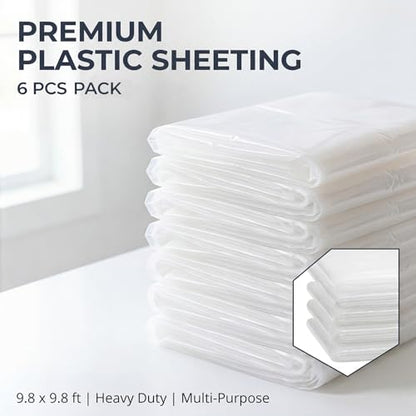 RAINFLOW Plastic Sheeting Heavy Duty - 6 PCS Disposable Clear Tarp Waterproof 0.4 Mil 9.8 X 9.8 Ft Dust Cover for Furniture, Couch and Floor Protection During Painting Lightweight Anti-Dust Cover
