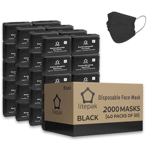 2,000pcs Disposable Face Masks- 3 Ply Breathable Mask For Adults - Black (40 Packs of 50) - color: Black