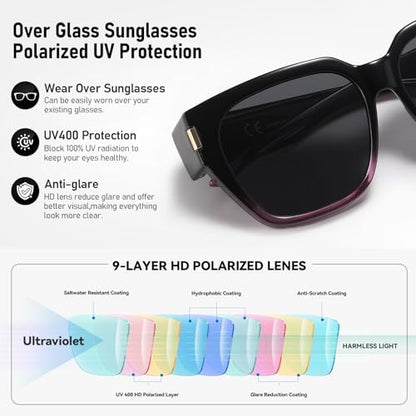 HAOLOTA Polarized Fit Over Glasses Sunglasses for Women Men Trendy Square Wrap Around Shades UV Protection - color: L Size 12 Black-purple/Grey