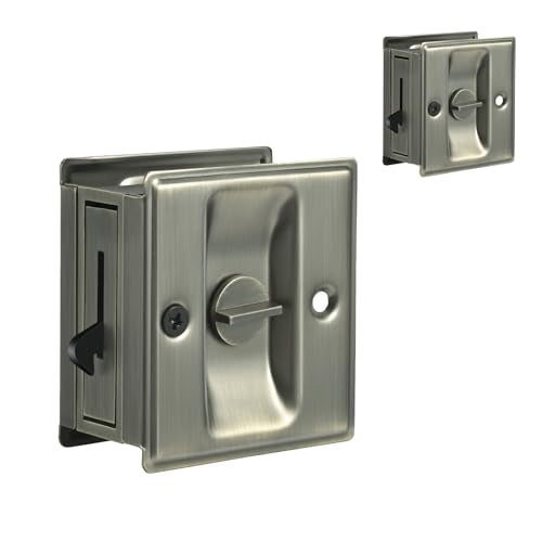 HOMOTEK 2 Pack Privacy Sliding Door Lock with Pull - Replace Old Or Damaged Pocket Door Locks Hardware Quickly and Easily, 2-3/4”x2-1/2”, for 1-3/8” Thickness Door, Antique Brass - color: Antique Brass, size: 2 Pack