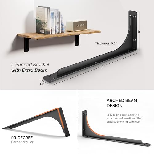 BATODA 16” Shelf Brackets with Beam (4pcs) - L Shelf Brackets Black - Hook Brackets for Floating Shelves - Wall Mounted Support for DIY Open Shelving – Mounting Hardware Included (Pack 4) (4, 16 Inch) - size: 16 Inch